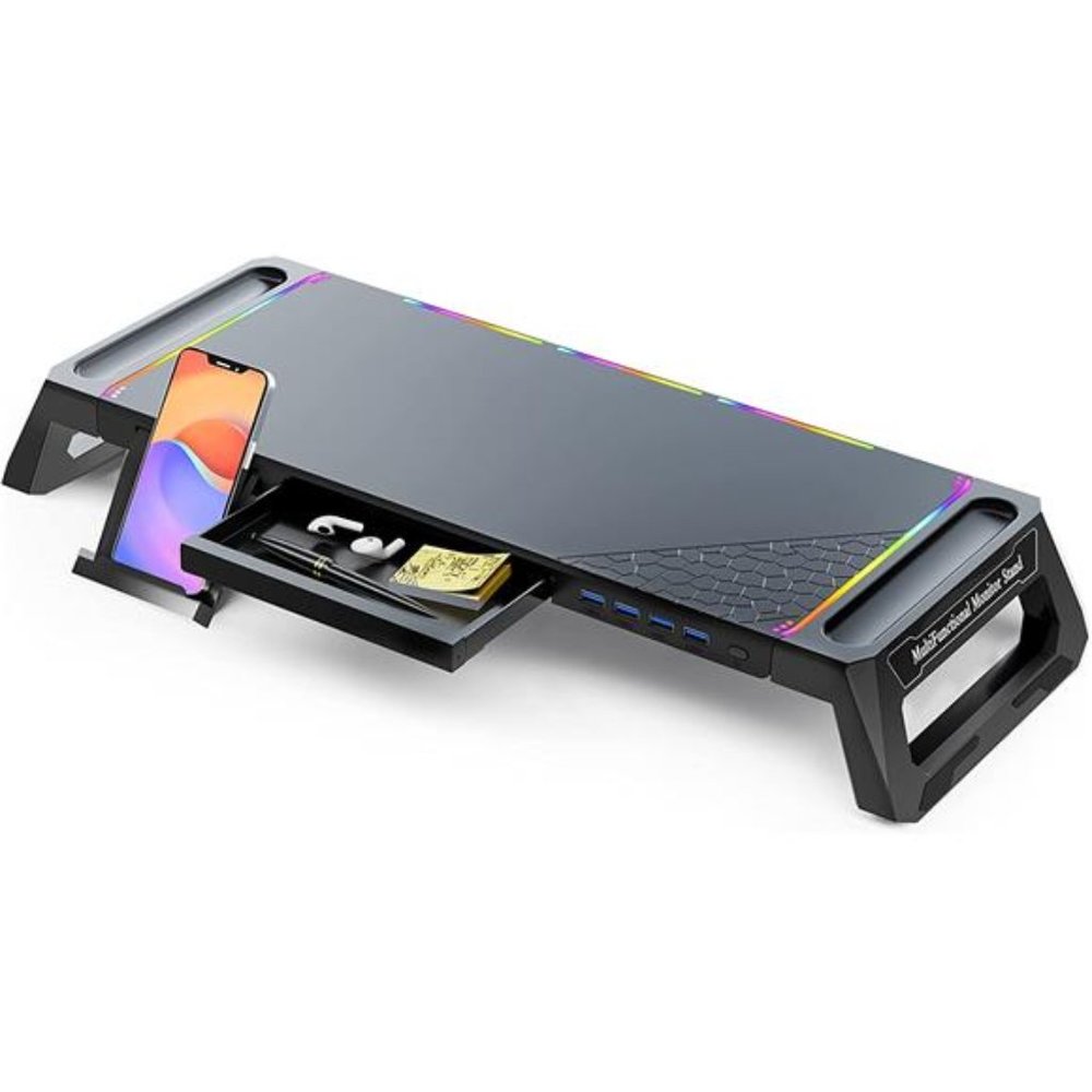Monitor Stand for Desk RGB Gaming Lights with 4 USB 3.0 Hub, Foldable  - Black